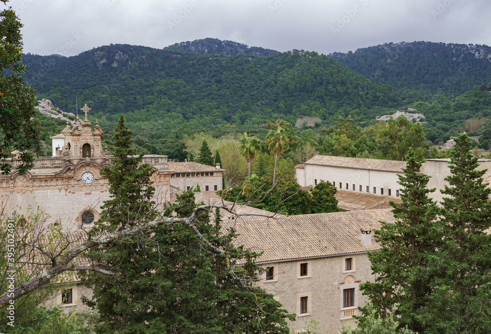 View of the monastery of Lluc in the middle of the Sierra de Tramuntana in Mallorca.