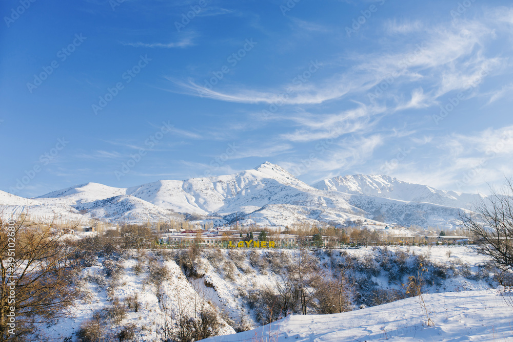 The village of Chimgan in Uzbekistan in winter. Tien Shan mountain system