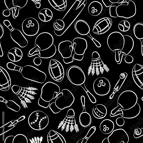 Printed T-shirts for boys. Set of sports equipment on a black background.