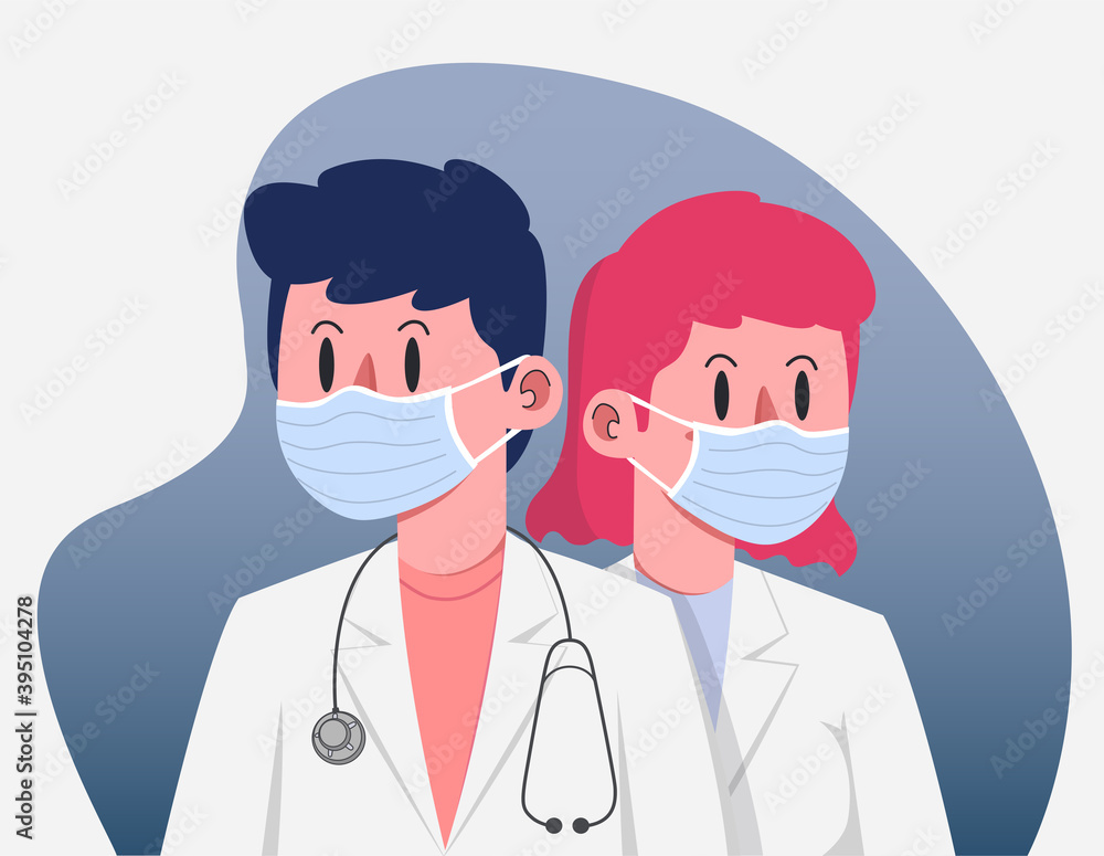 Couple Young Male and Female Doctors with Mask vector illustration Couple Young Male and Female Doctors with Mask vector illustration