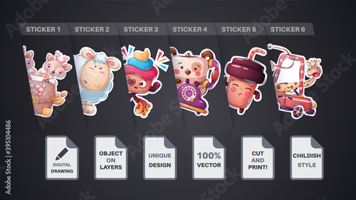 Set cute sticker tea, coffee, deer, diplomat, giraffe, car, lamb, sheep, bear, phone, cake