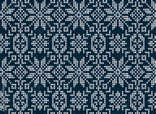 Knitted Christmas and New Year pattern. Wool Knitting Sweater Design. Wallpaper wrapping paper textile print.