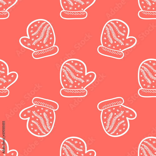 Seamless pattern with the hand drawn white mittens is on the red background. The save with the Clipping Mask.