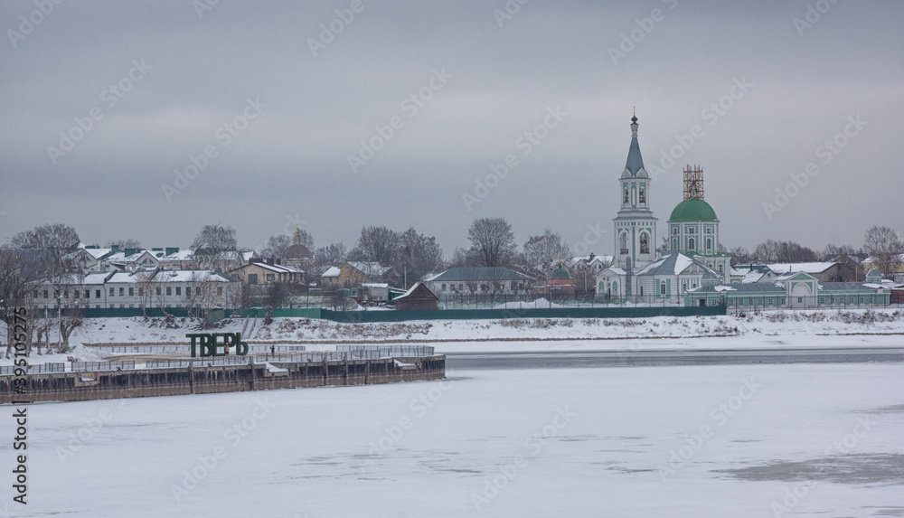 snow-covered Volga in Tver. St. Catherine's convent