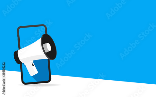 Digital advertising, mobile device isometric vector, smartphone with speaker, event notification flat isometric illustration on blue background