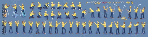 Set of isometric Workers. Repairers in overall, various poses. Vector.
