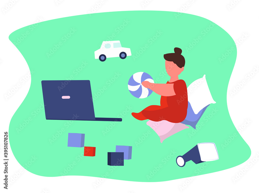 Hi Tech Kids.Baby Character using Internet on Laptop and VR Headset and Experiencing Virtual Reality.Flat Vector Illustration