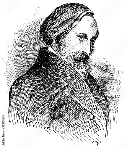 Portrait of Otto Ludwig - a German dramatist, novelist and critic. Illustration of the 19th century. White backgroun