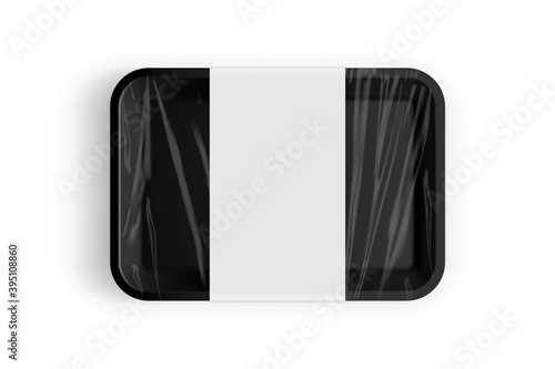black tray packaging for food, meat, fish, cookies, sweets, sausages, cheese, vegetables, steak, pork, beef, chicken isolated on white background 