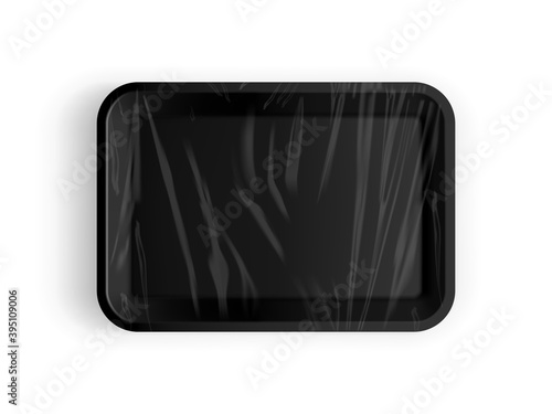 black tray packaging for food, meat, fish, cookies, sweets, sausages, cheese, vegetables, steak, pork, beef, chicken isolated on white background 