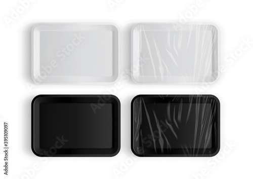 white and black tray packaging for food isolated on white background