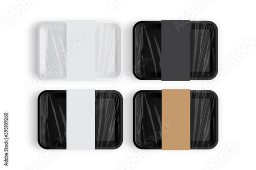 white and black tray packaging for food isolated on white background