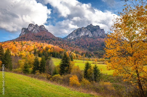 Autumn rural landscape with mountains peaks on background. The Vratna valley in Mala Fatra national park, Slovakia, Europe.
