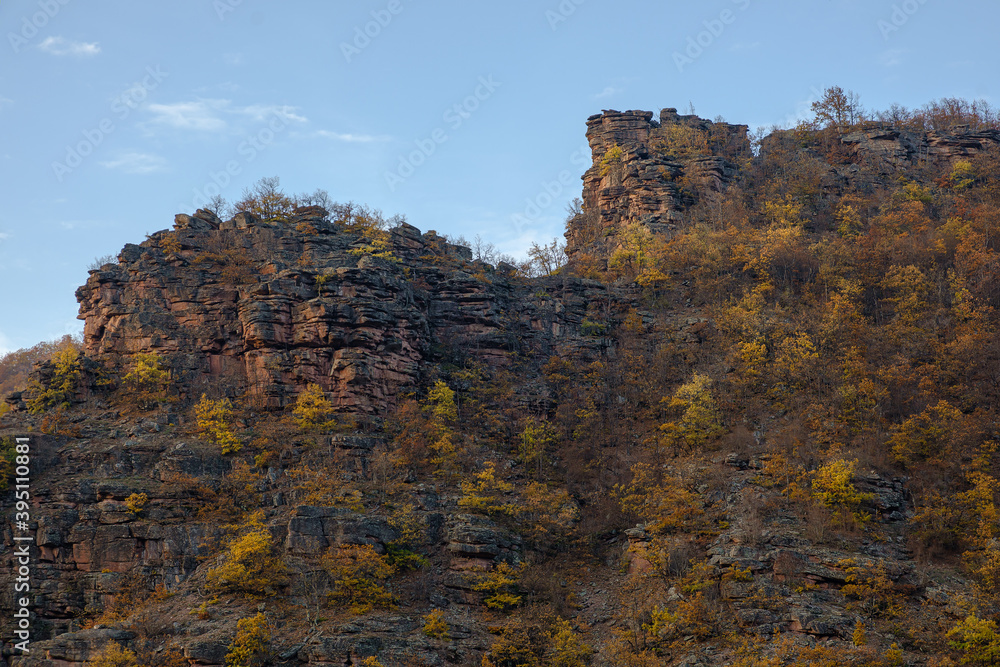 Amazing automn colors of the trees on popular Tumba viewpoint, impressive red cliff made of layered rocks