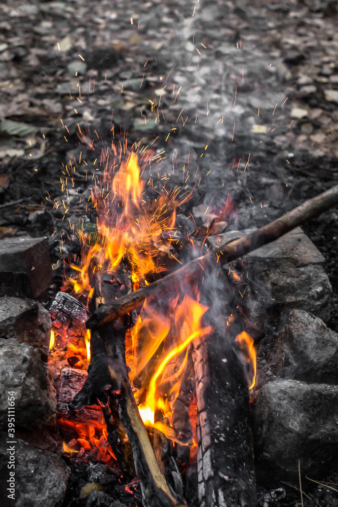 Bright flames. Fire sparks. Burning firewood. Crackling logs on fire. Smouldering coals. Christmas background. The heat and warmth of an open fire. Risk of fire. Dangerous behavior with fire. Bright flames. Fire sparks. Burning firewood. Crackling logs on fire. Smouldering coals. Christmas background. The heat and warmth of an open fire. Risk of fire. Dangerous behavior with fire.