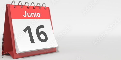 June 16 date written in Spanish on the flip calendar, 3d rendering