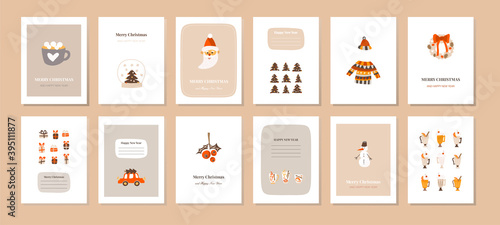 Christmas set of hand drawn cards in beige flat style. Vector illustration with cute Christmas trees, coco with marshmallows, Christmas wreath. Trending nude colors, a large collection of postcards