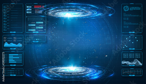 Futuristic circle vector HUD, GUI, UI interface screen design. Abstract style on blue background. Abstract futuristic technology interface design innovation concept background. Vector illustration