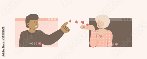 A man and a woman make a video call. Lovers send a kiss and hearts. Distance relationship concept. Internet dating. Vector illustration simple flat style.