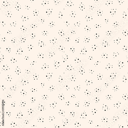 Abstract dots seamless pattern. Vector minimalist monochrome background. Simple minimal texture with small dots, random spots, points, circles. Subtle black and white repeat design for decor, print