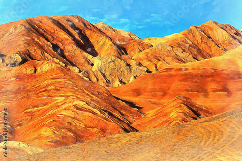 Scenery mountain landscape looks like drawing, Flaming Mountains, Silk Road, China.