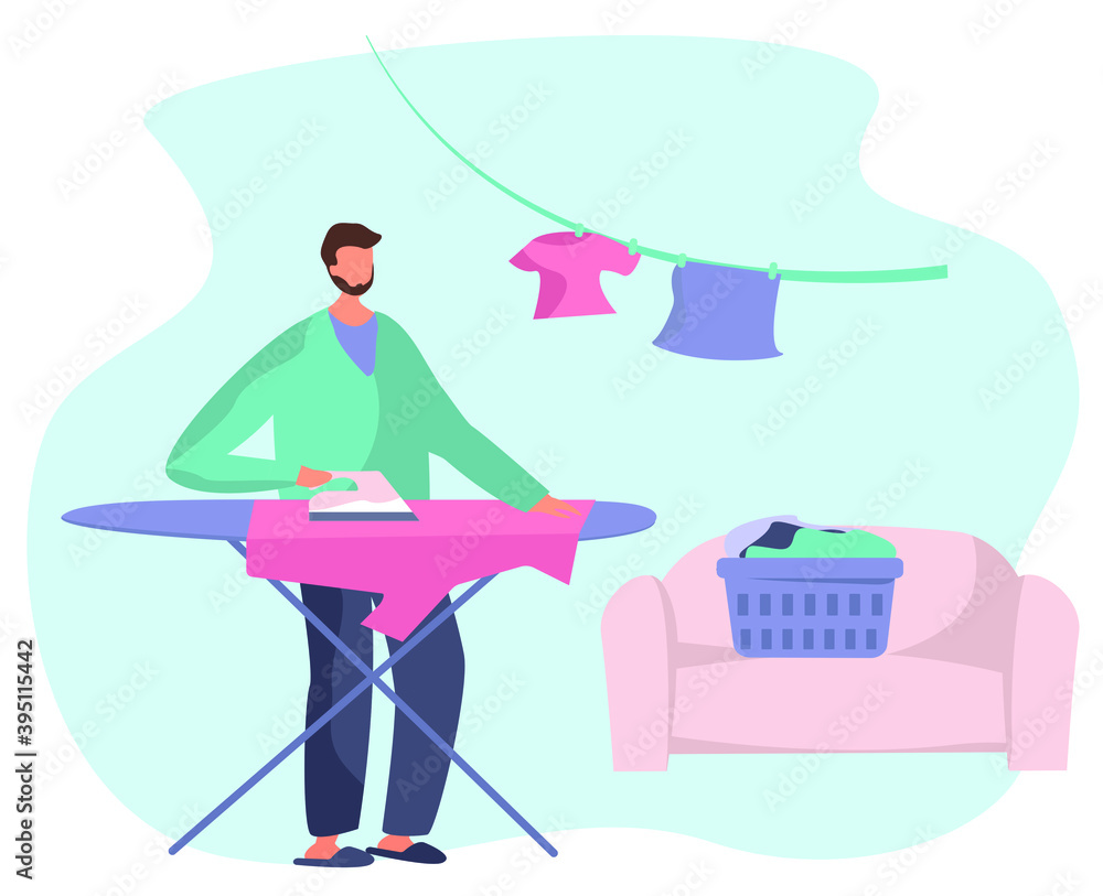 Obraz premium Man Ironing Clothes on Board during Covid 19.Male Character Home Work.Washing Clothes in Machine and Iron on Board.Clothes Dry on a Clothesline.Domestic Working.Flat Vector Illustration