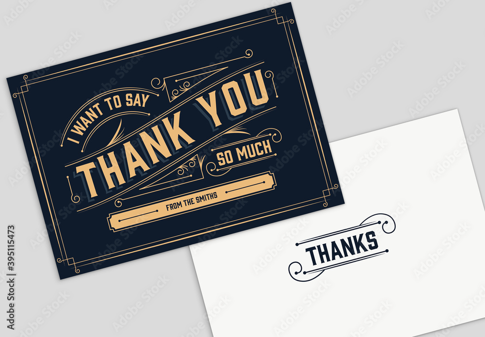 Vintage Thank You Greeting Card Layout with Envelope plantilla de Stock