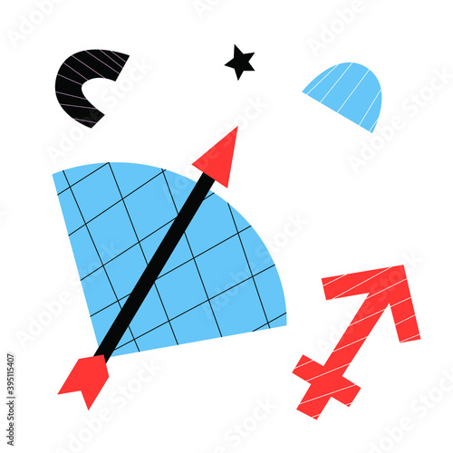 Sagittarius zodiac symbol. Abstract vector set constellation. Set of hand drawn various doodle objects horoscope and shapes. All elements are isolated. Scandinavian design. Sagittarius icon. Collage.