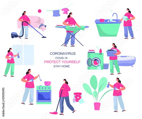 Set of Woman Housewife Doing Housework,Vacuuming,Cooking in Kitchen,Washing Clothes,Ironing,Cleaning,Vacuuming,Wash Floor,Care for Flowers,Washing Dishes.Quarantine.Vector Illustration