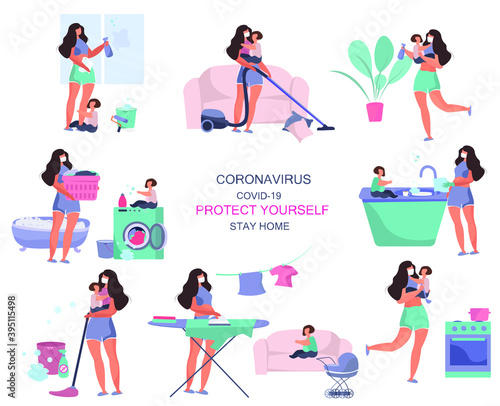 Set of Woman Housewife with Child Doing Housework,Vacuuming,Cooking in Kitchen,Washing Clothes,Ironing,Cleaning,Vacuuming,Wash Floor,Care for Flowers,Washing Dishes.Quarantine.Vector Illustration
