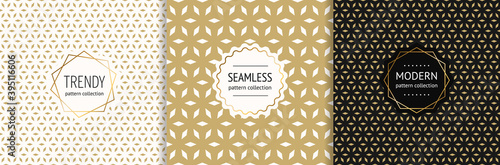 Vector golden geometric seamless pattern collection with stylish badges. Elegant gold floral ornament texture, grid, mesh, diamond shapes. Trendy luxury background. Premium design layout template