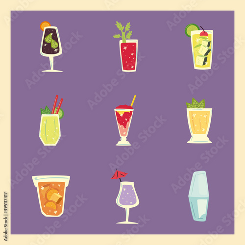 set of delicious and fresh cocktails in purple background