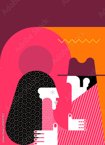 Adult couple saying goodbye vector illustration. Flat design vintage style illustration of man in suit and woman in dress looking at each other.