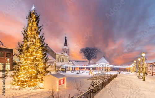 Landscape with Christmas market and decorations tree in little town Rasnov, Brasov landmark,Transylvania, Romania