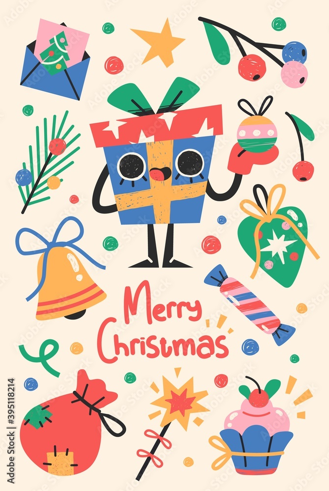 Christmas or New Year Card With Cute Christmas Characters And Objects. Christmas or New Year Card With Cute Christmas Characters And Objects.