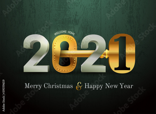 2021 new year card for real estate company. Happy new year 2021 concept with key and door lock. Realty. Welcome home. Vector illustration. Isolated on black wood texture.
