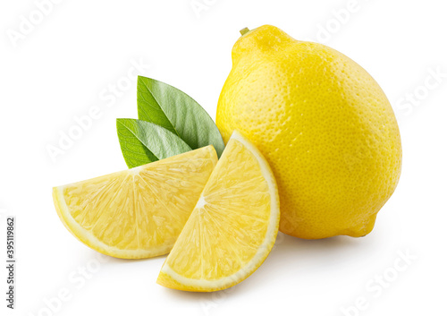 Group of lemons with leaves, isolated on white background