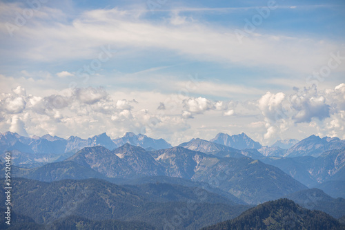 pre alps in bavaria with montain silhouettes and clouds