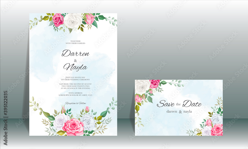 Wedding invitation floral with beautiful flower and leaves