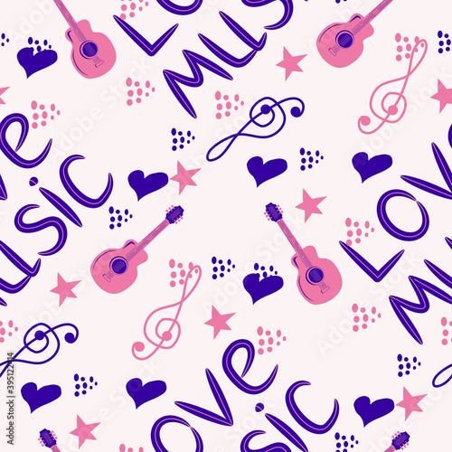 Love music seamless pattern with country guitar, music notes, treble clef, hearts, decorative elements.