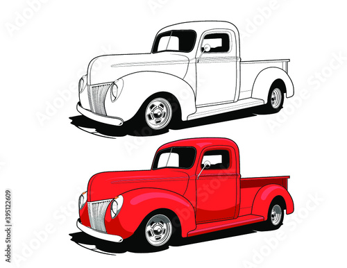 old red pickup truck vector illustration.
