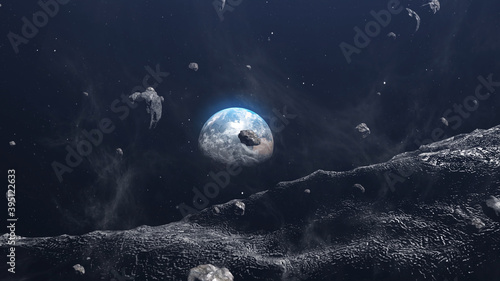 3d rendering- Giant Asteroid and Meteors Heading to Planet Earth