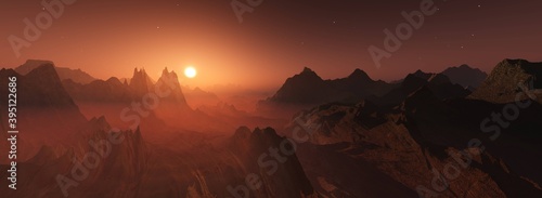 Mars at sunset, Mars at sunrise, mars surface, panorama of mars, banner, 3d rendering