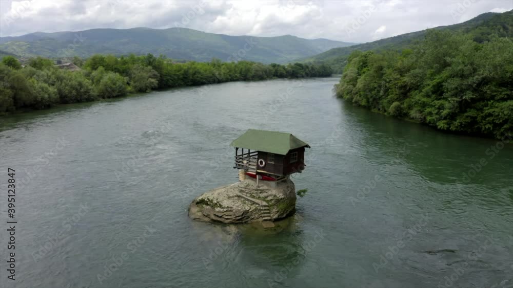 Aerial shot House On The Drina River, House On The Cliff Beautiful River Aerial shot House On The Drina River, House On The Cliff Beautiful River