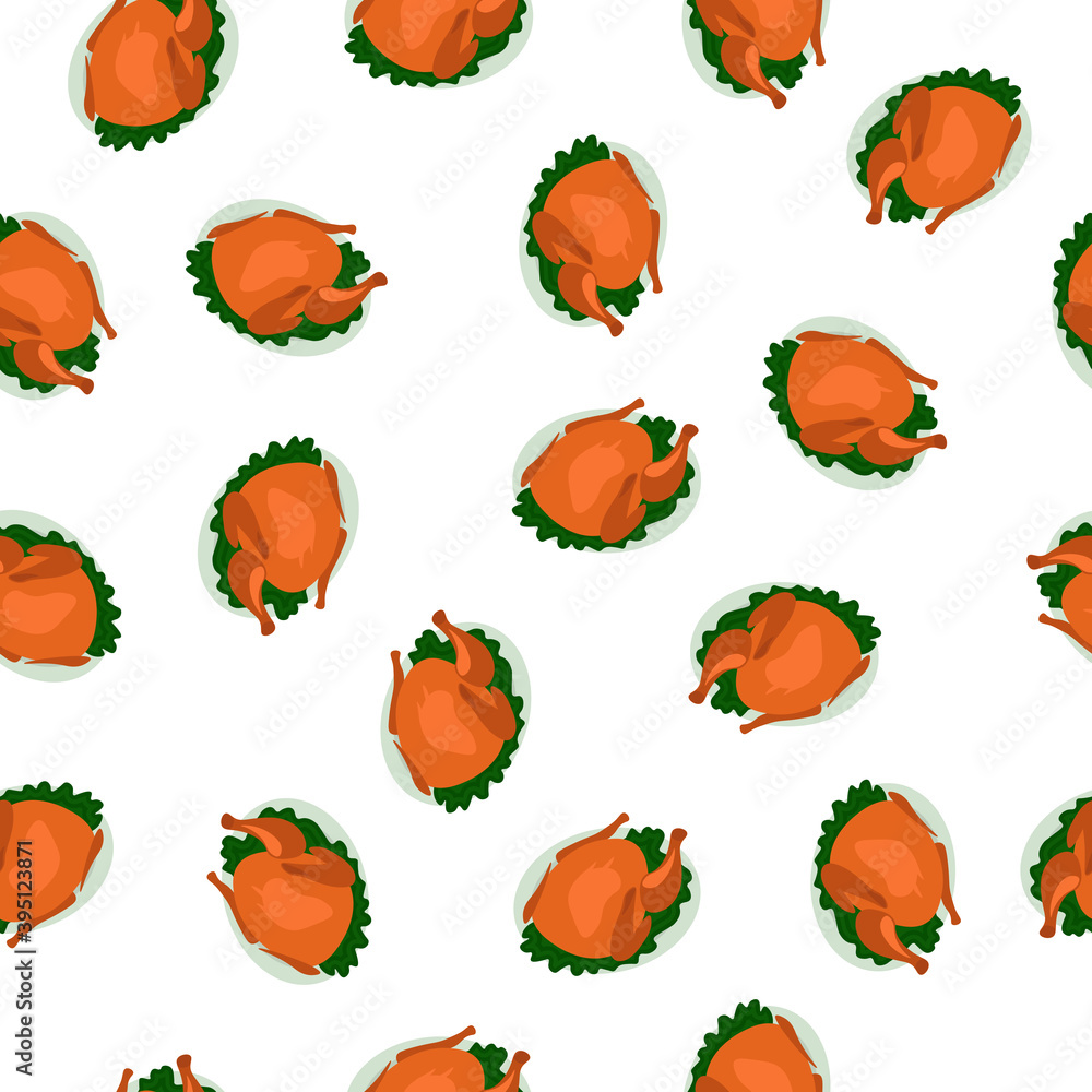 Roast turkey for Thanksgiving seamless pattern. fowl on plate in decorative pattern. Fry wildfowl with apples and cranberries texture. Traditional festive food background. Symbol Historic holiday. Roast turkey for Thanksgiving seamless pattern. fowl on plate in decorative pattern. Fry wildfowl with apples and cranberries texture. Traditional festive food background. Symbol Historic holiday.