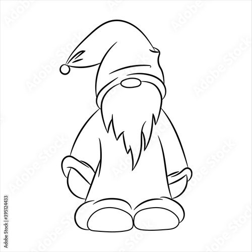 Cute gnome with beard isolated on white background. Contour drawing.