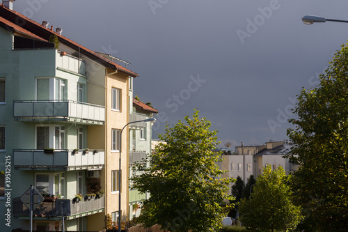 apartment buildings at sunset on the outskirts of the city