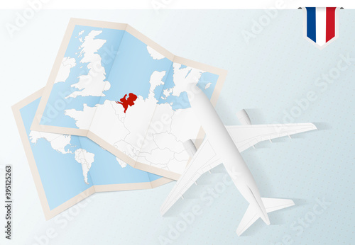 Travel to Netherlands, top view airplane with map and flag of Netherlands.