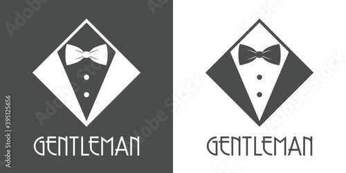 Logotipo con texto GENTLEMAN con esmoquin en rombo en fondo gris y fondo blanco