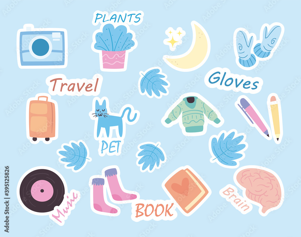 daily stickers flat style bundle of icons vector design